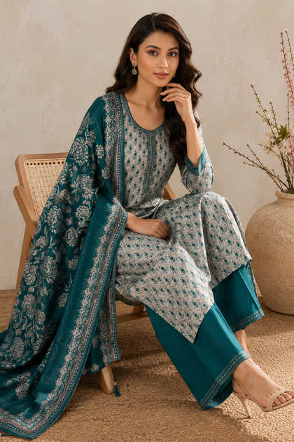 Grey And Teal Printed Chanderi Silk Suit