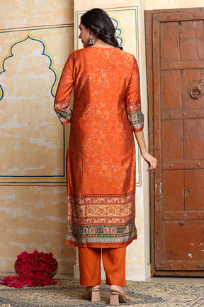 Rust Chanderi Silk Printed Straight Suit