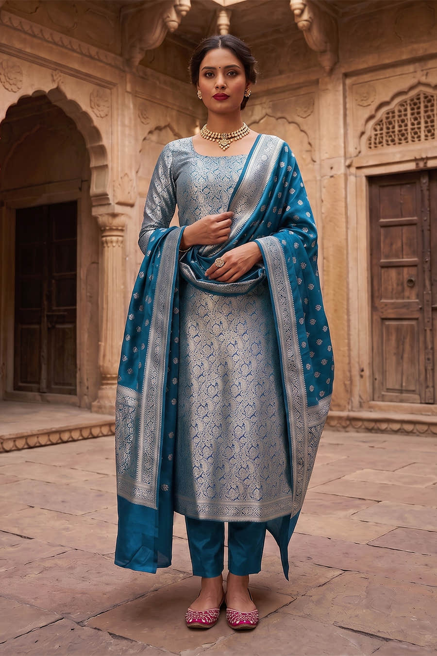 Teal Blue Banarsi Silk Woven Unstitched Suit Material