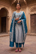 Teal Blue Banarsi Silk Woven Unstitched Suit Material