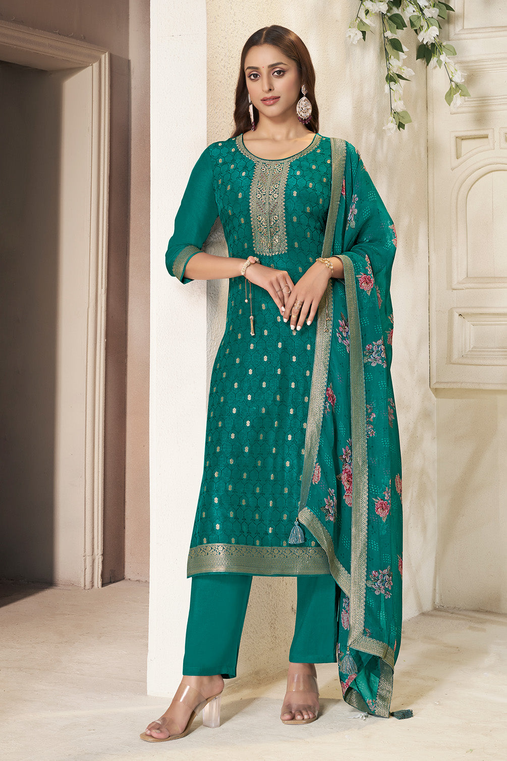 Teal Silk Zari & Resham Woven Suit Set