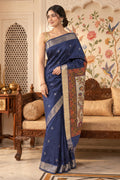 Navy Cotton Printed And Woven Border Saree