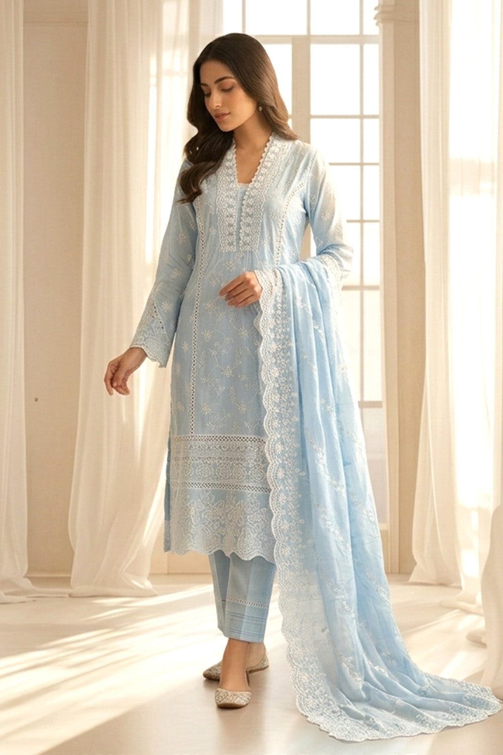 Light Blue Mul Cotton Chikankari Work Suit Set