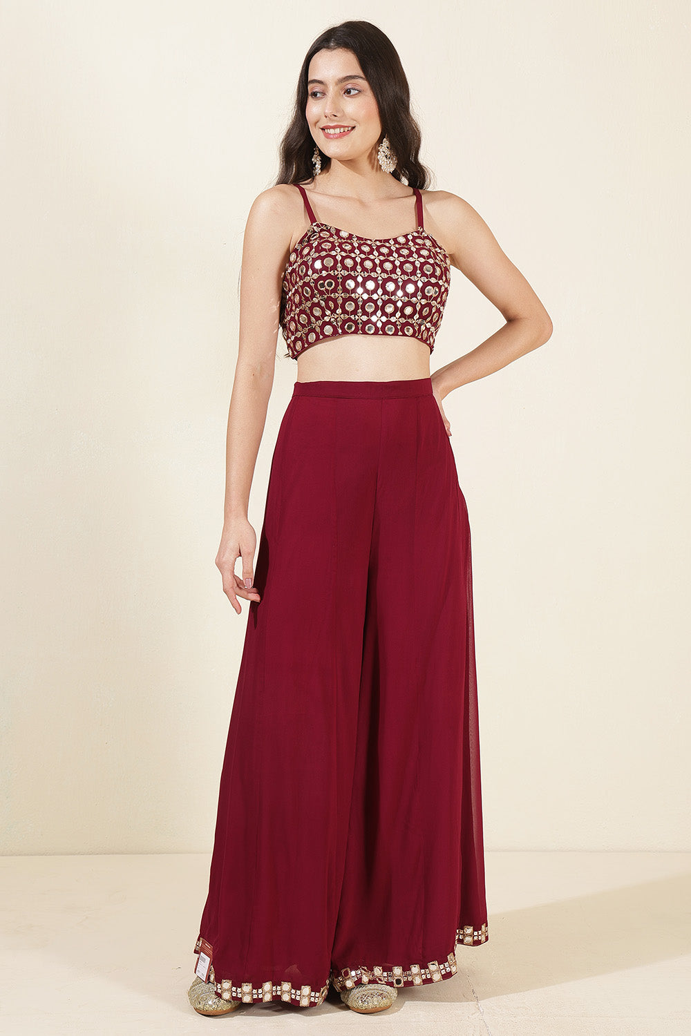 Wine Color Georgette Mirror Work Crop-Top with Jacket and Palazzo