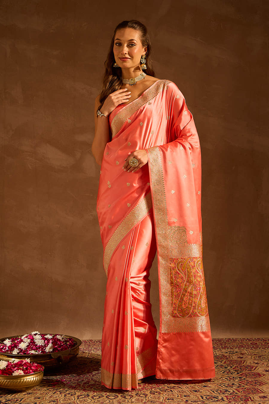 Peach Satin Banarasi Silk Woven Saree
