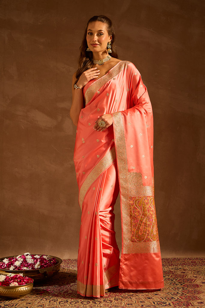 Peach Satin Banarasi Silk Woven Saree