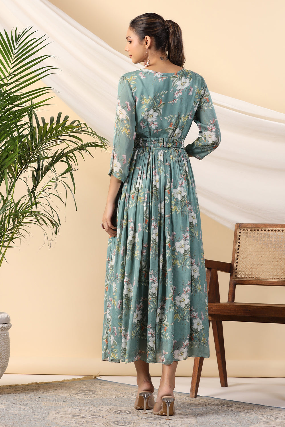 Teal Color Crepe Printed Peonies Dress