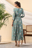 Teal Color Crepe Printed Peonies Dress
