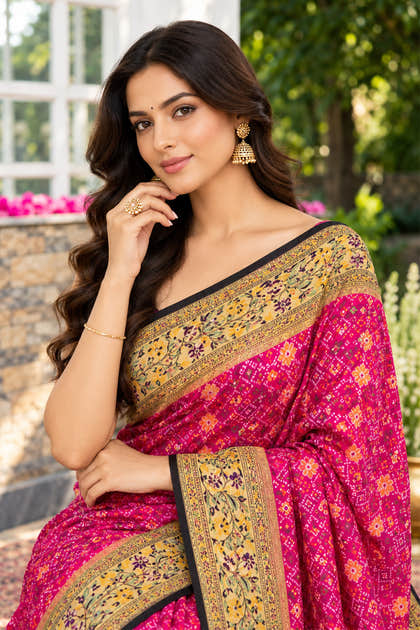 Magenta Silk Printed And Woven Border Saree