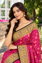 Magenta Silk Printed And Woven Border Saree