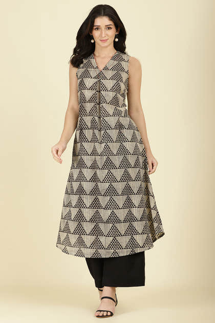 Black & Beige Cotton Printed Kurta With Palazzo