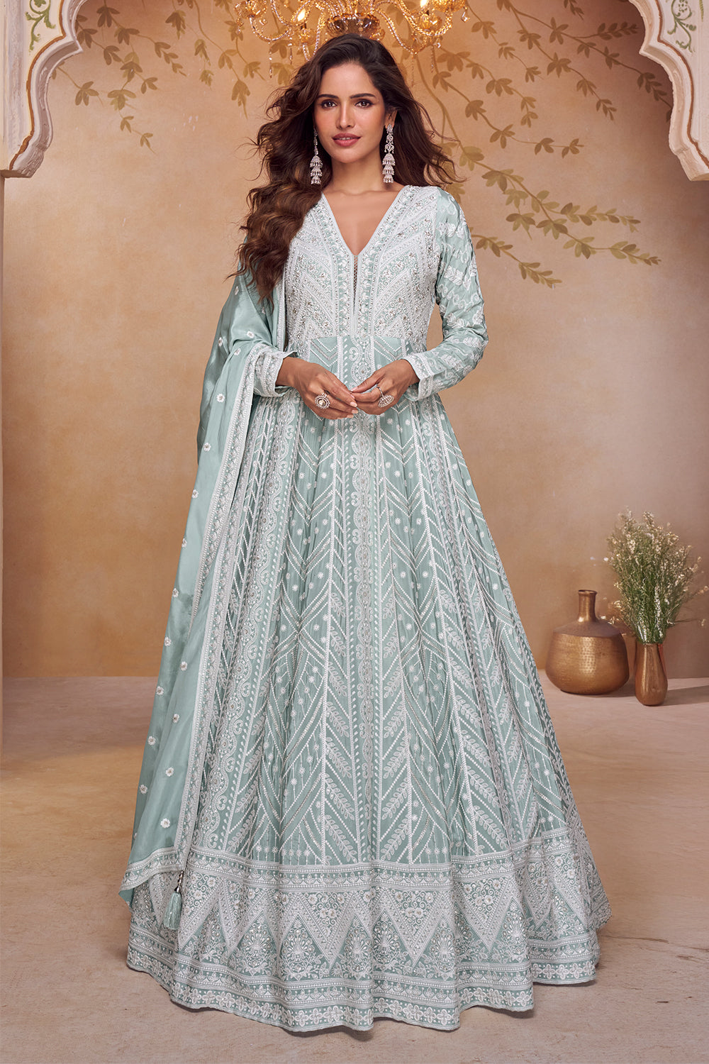 Sea Green Crepe Silk Resham Embroidered Anarkali Suit