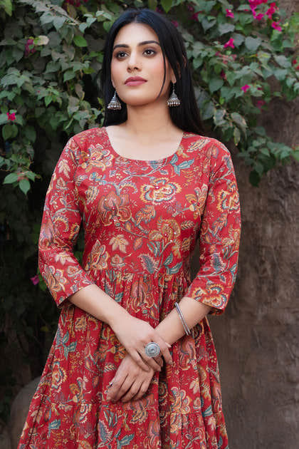 Maroon Cotton Floral Printed Anarkali Kurti