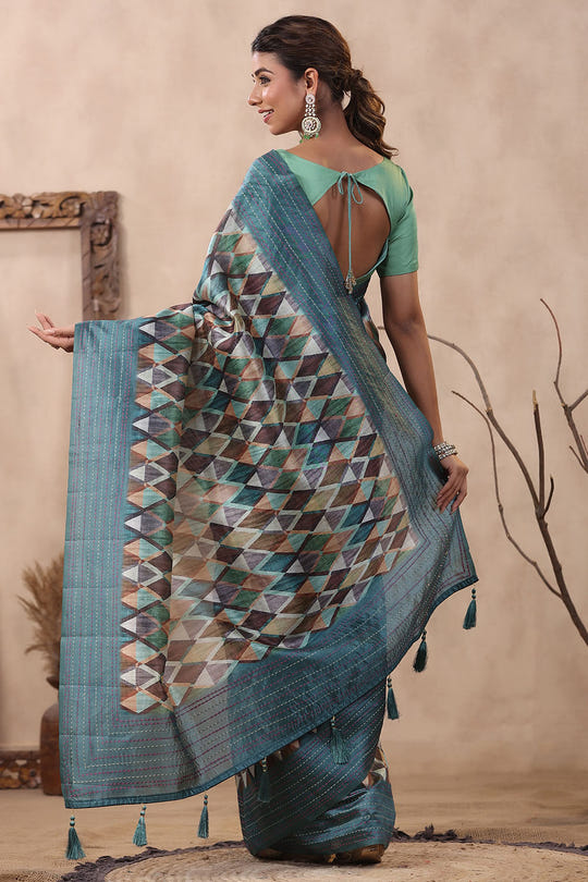 Teal Color Tussar Cotton Printed Saree