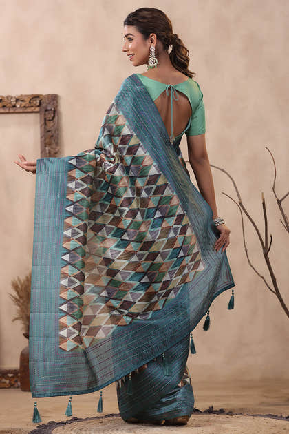 Teal Color Tussar Cotton Printed Saree