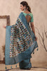 Teal Color Tussar Cotton Printed Saree