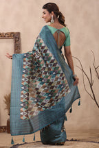 Teal Color Tussar Cotton Printed Saree