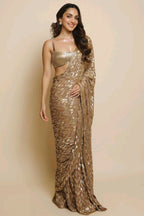 Fawn Color Georgette Sequins Embroidered Saree