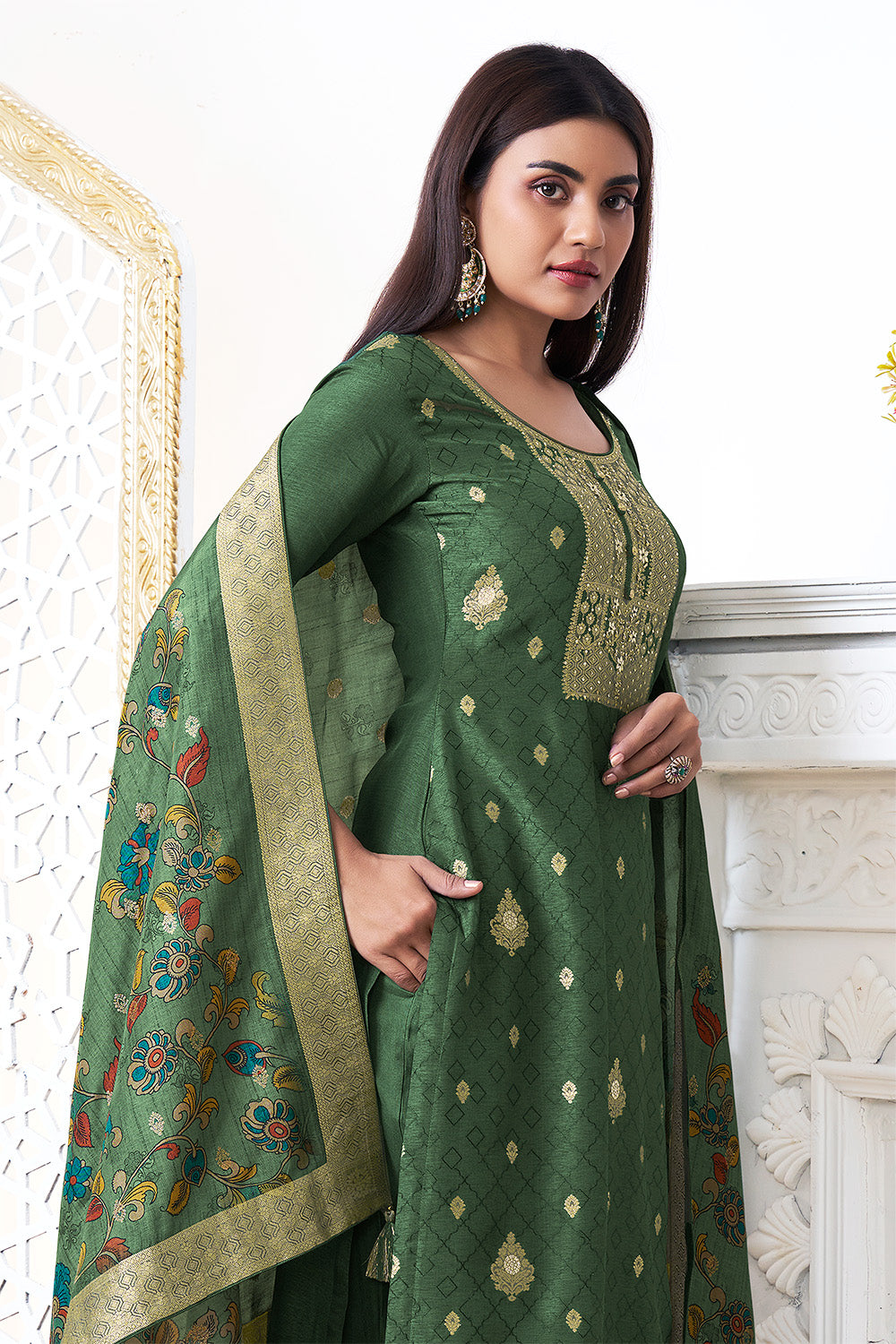 Green Color Silk Woven Straight Suit