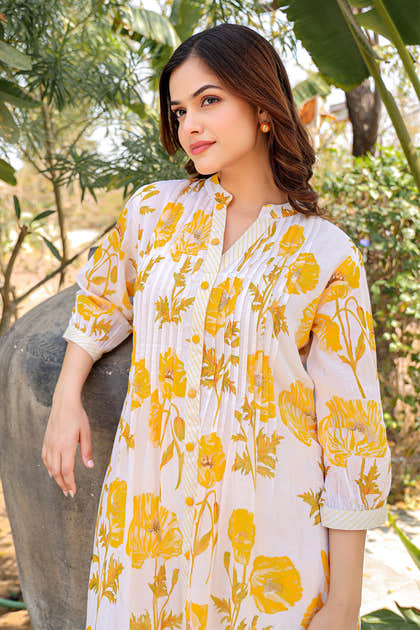 Cream & Yellow Cotton Floral Printed Kurta Set