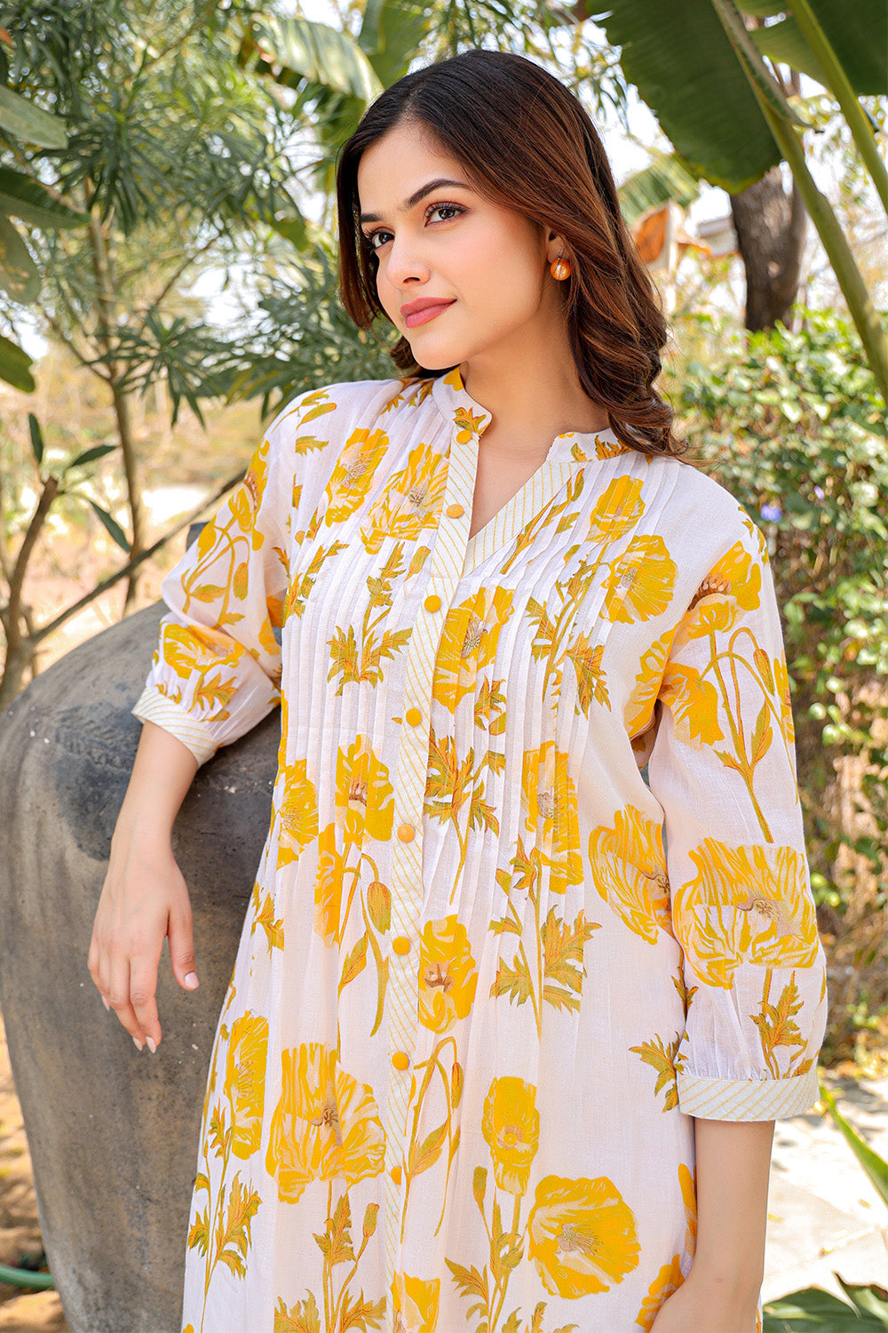 Cream & Yellow Cotton Floral Printed Kurta Set