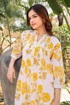 Cream & Yellow Cotton Floral Printed Kurta Set