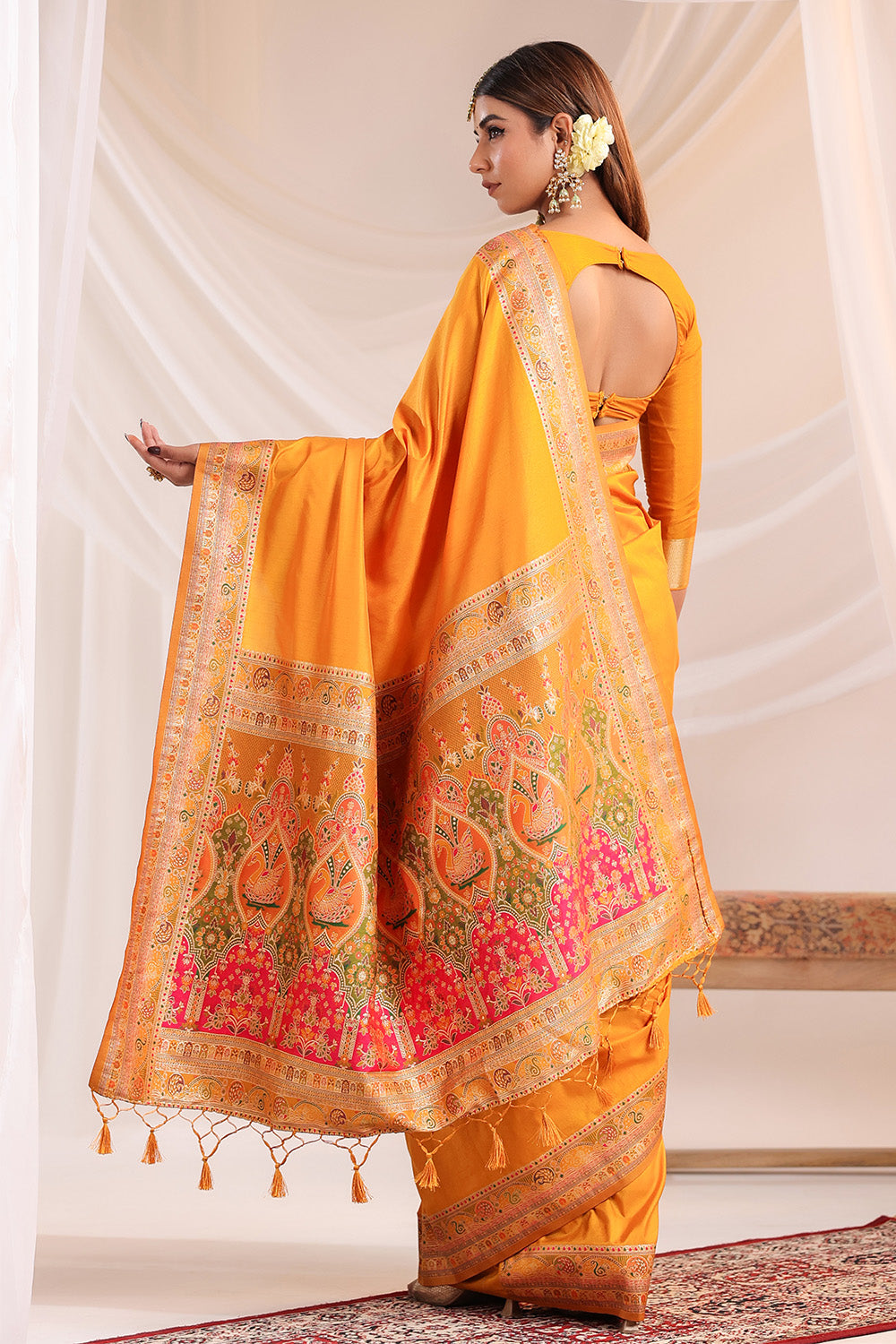 Mustard Soft Silk Kalamkari Woven Saree