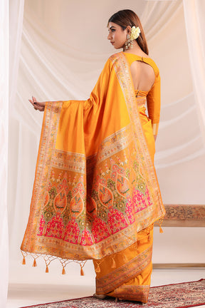 Mustard Soft Silk Kalamkari Woven Saree