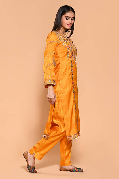 Mustard Color Dola Silk Resham & Zari Embroidered Suit