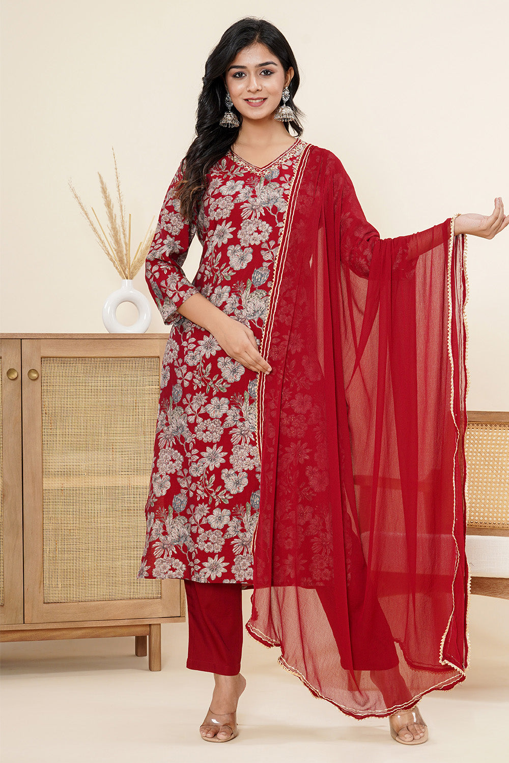 Maroon Color Printed & Neck Embroidered Muslin Suit