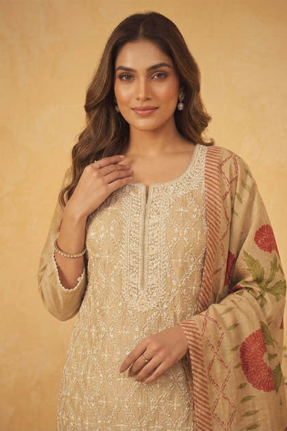 Beige Chanderi Resham And Sequins Embroidered Suit