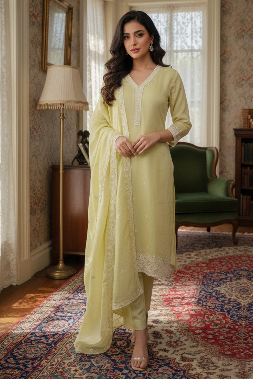 Pista Green Malmal Cotton Resham And Zari Embroidered Suit