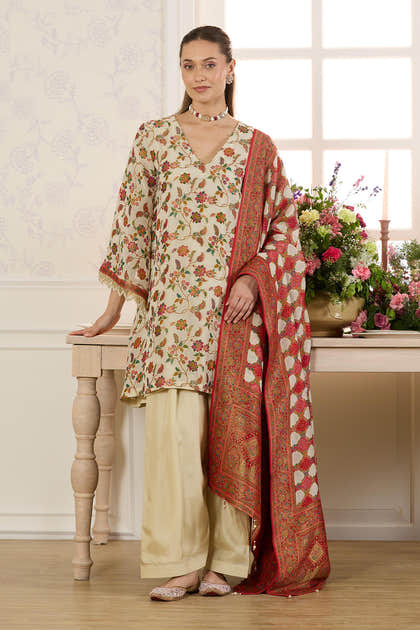 Cream Georgette Floral Resham Woven Unstitched Suit Material