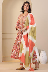 Rust Color Cotton Printed Anarkali Suit