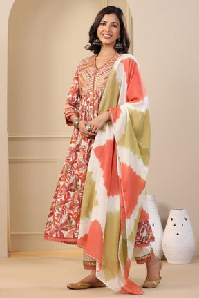 Rust Color Cotton Printed Anarkali Suit
