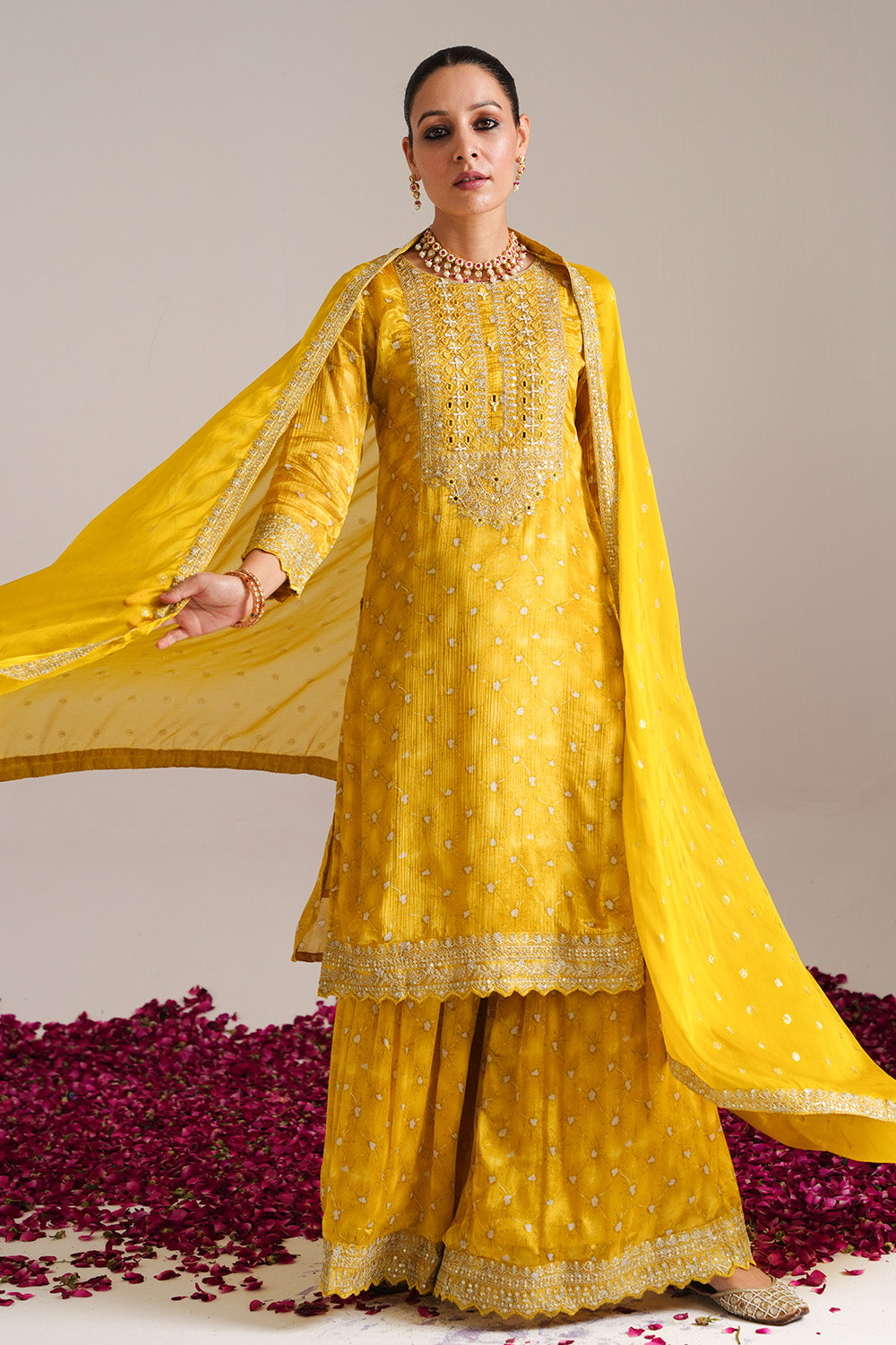 Mustard Color Silk Zari & Mirror Embroidered Suit With Palazzo