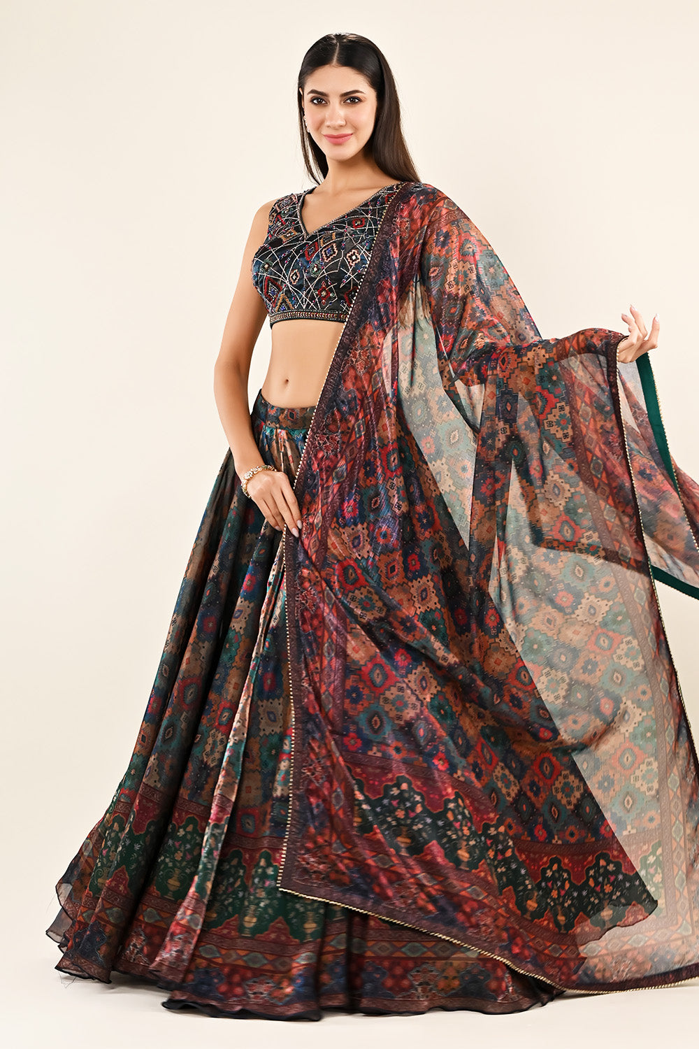 Bottle Green Color Lurex Organza Printed Lehenga