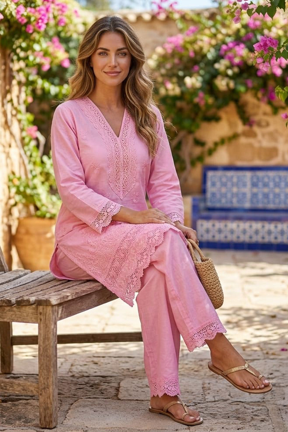 Pink Cotton Resham Embroidered And Lace Work Kurta Set