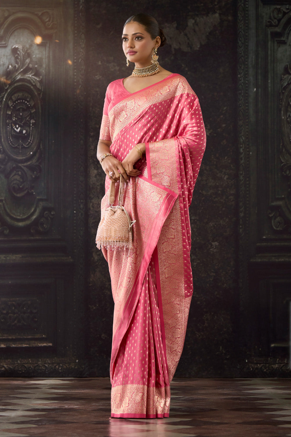 Dusty Pink Zari Woven Soft Silk Saree