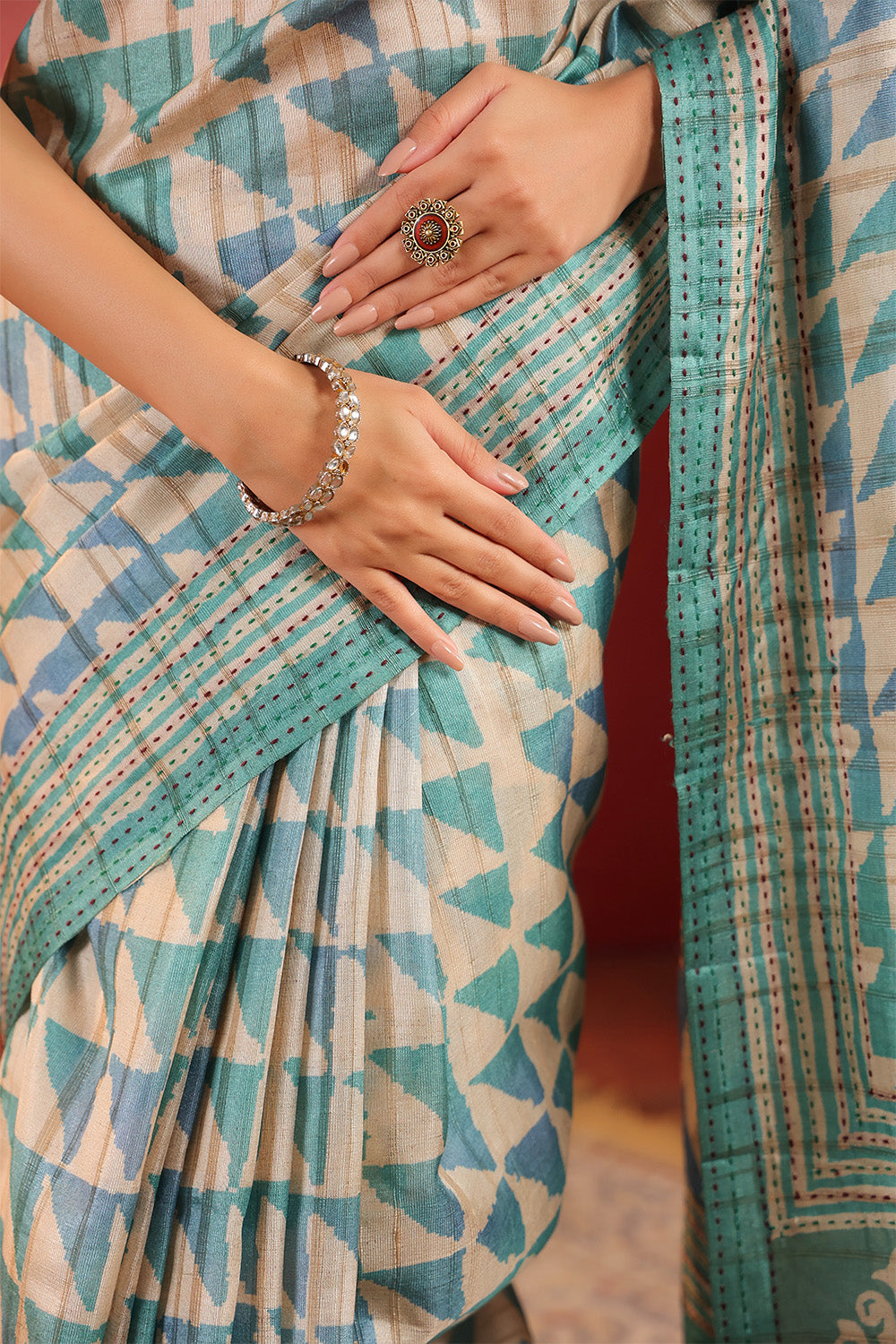 Turquoise And Beige Tussar Silk Printed Saree