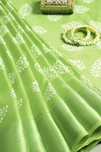Green Color Block Printed Cotton Silk Saree