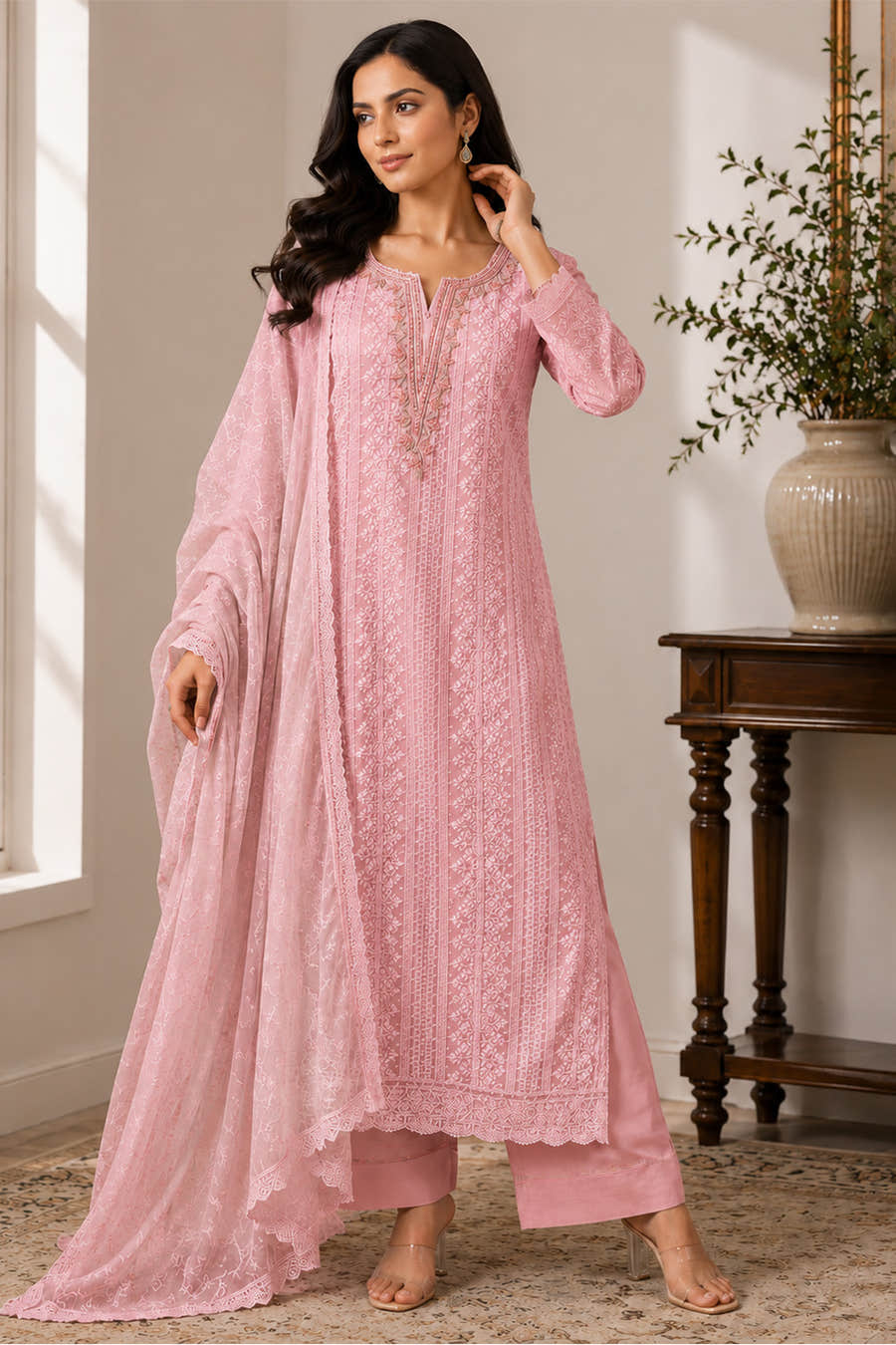 Pink Georgette Chikankari Work Unstiched Suit