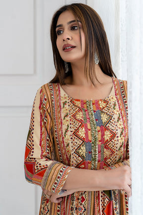 Beige Color Cotton Embroidered Anarkali Kurta