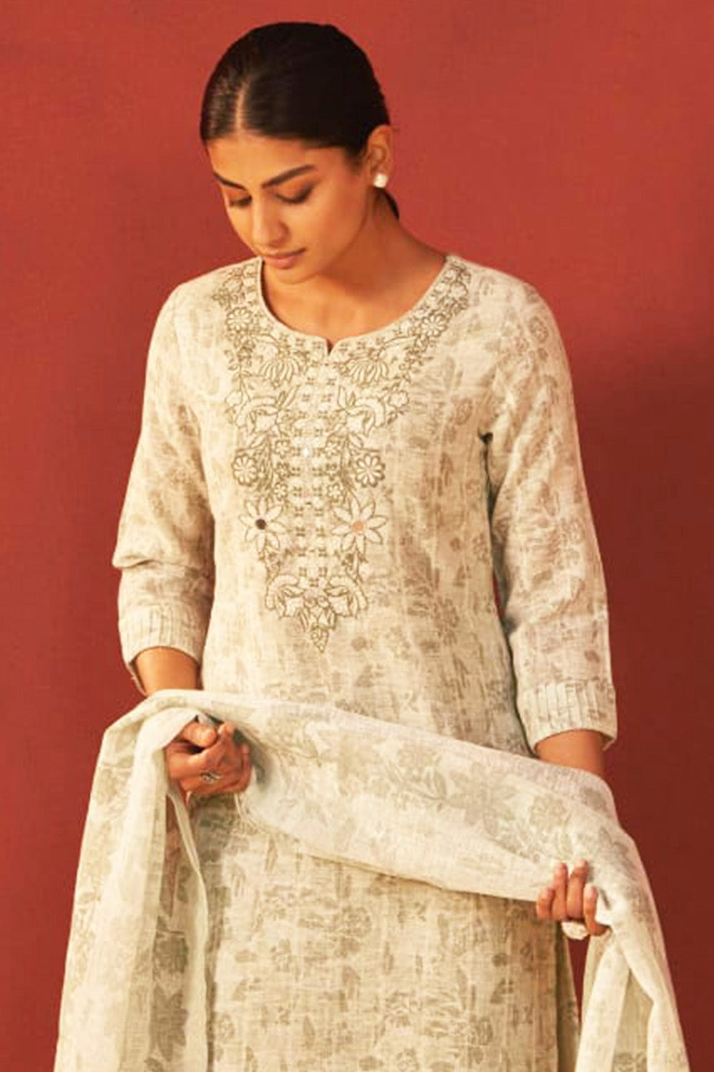 Pista Green Color Khadi Cotton Floral Printed and Neck Embroidered Suit