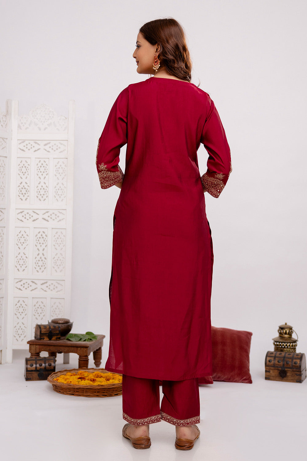 Maroon Color Muslin  Neck Embroidered Suit Set
