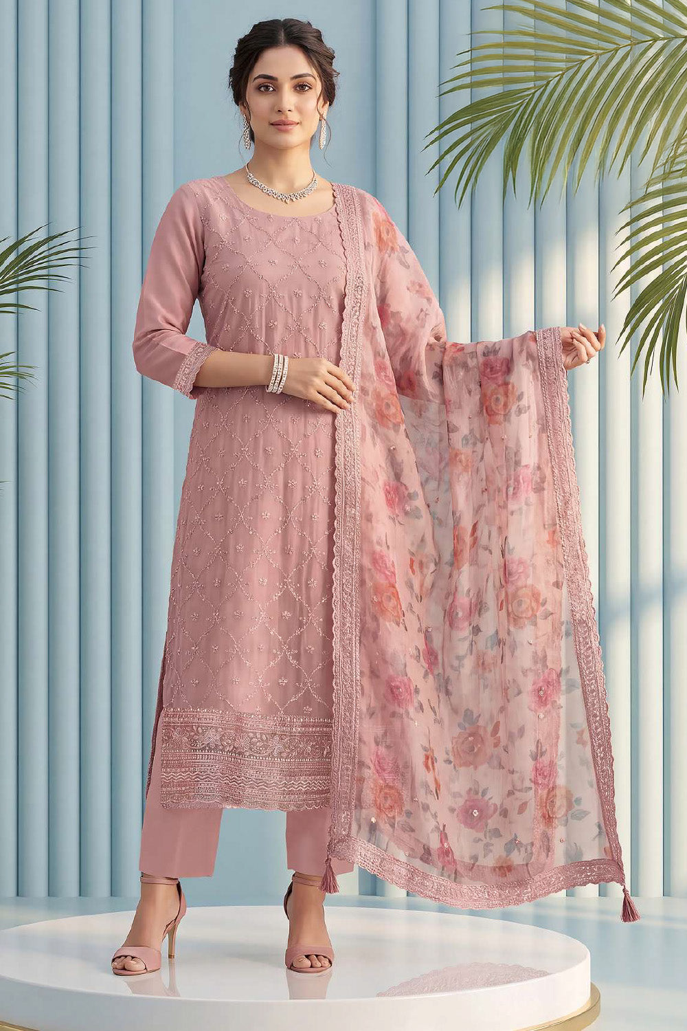 Pink Organza Resham Embroidered Unstitched Suit Material