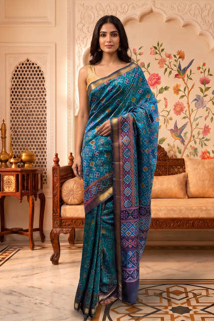 Teal Cotton Printed And Woven Border Saree
