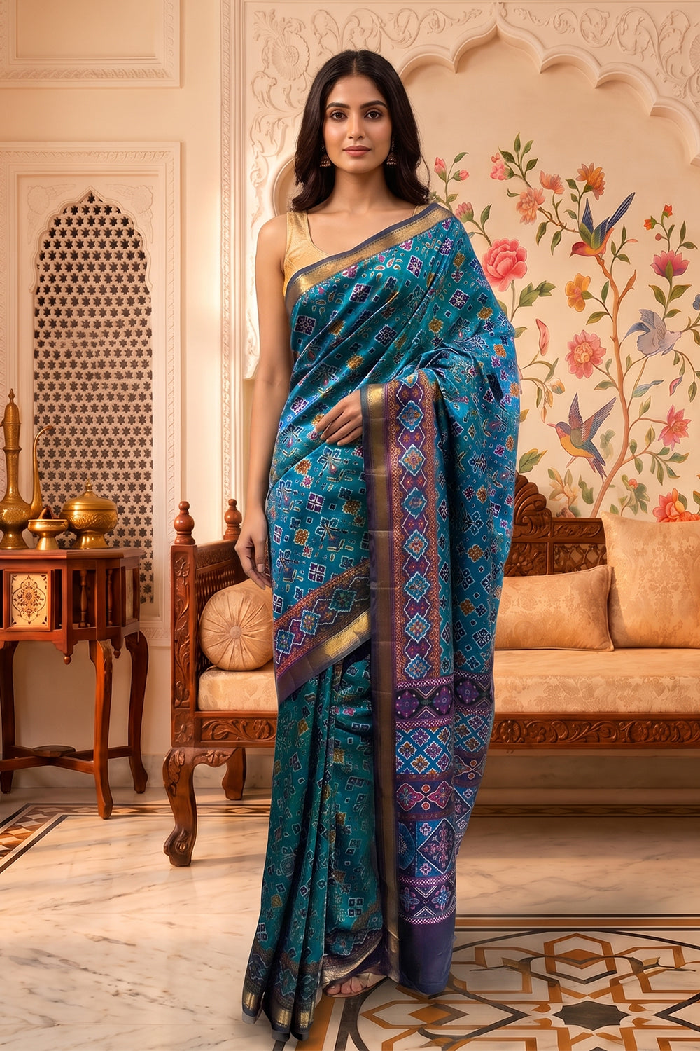 Teal Cotton Printed And Woven Border Saree