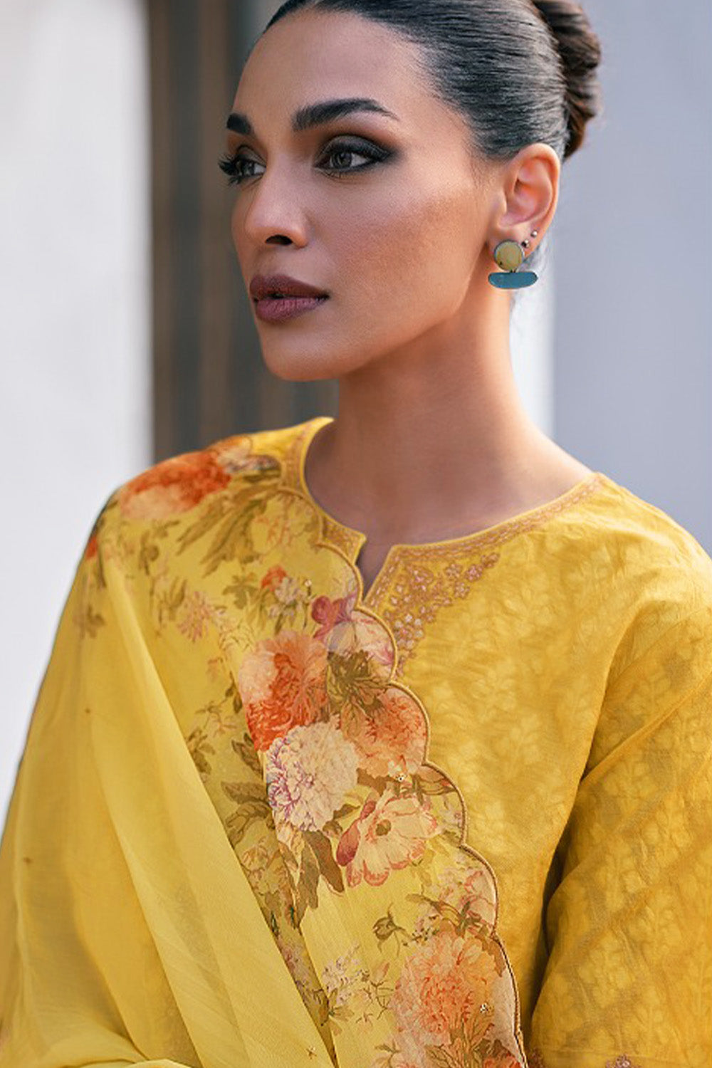 Mustard Printed And Embroidered Cotton Unstitched Suit