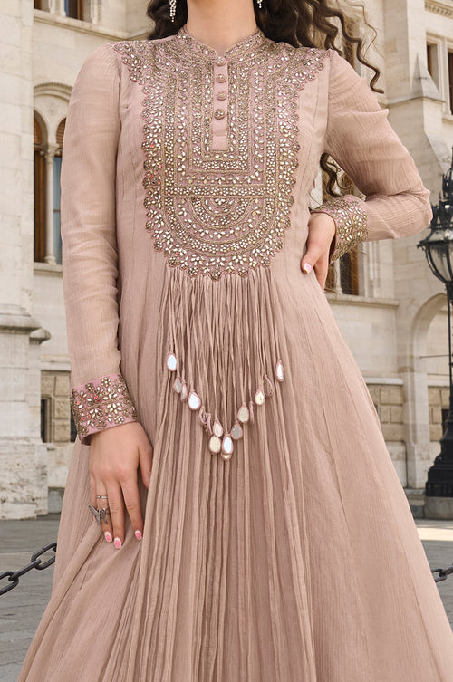 Beige Crush Tissue Mirror Work Anarkali Gown